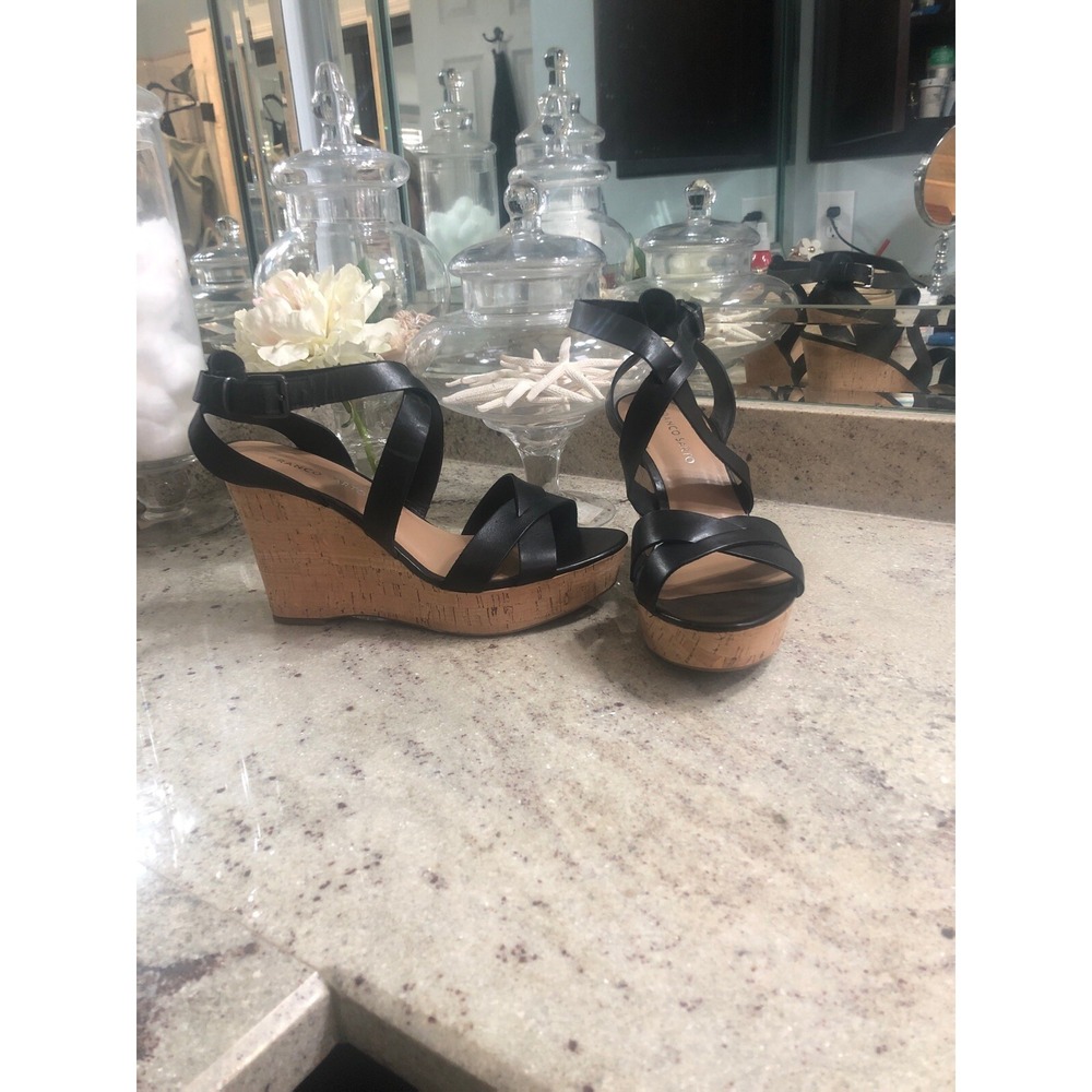Franco Sarto Cera Black Leather Platform Wedge Sandals 9.5 M